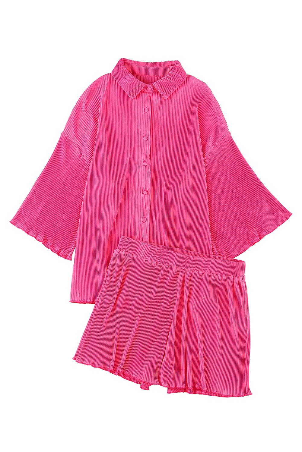 Shoppe EZR Loungewear Rose 3/4 Sleeves Pleated Shirt and High Waist Shorts Lounge Set