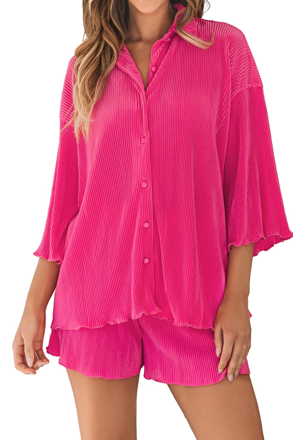 Shoppe EZR Loungewear Rose 3/4 Sleeves Pleated Shirt and High Waist Shorts Lounge Set