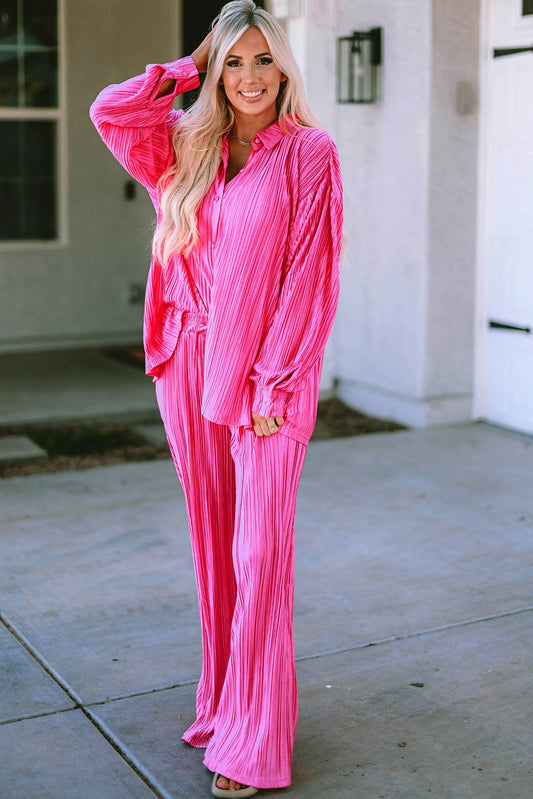 Shoppe EZR Loungewear Rose / S / 100%Polyester Rose Pleated Long Sleeve Shirt and Wide-Leg Pants Set