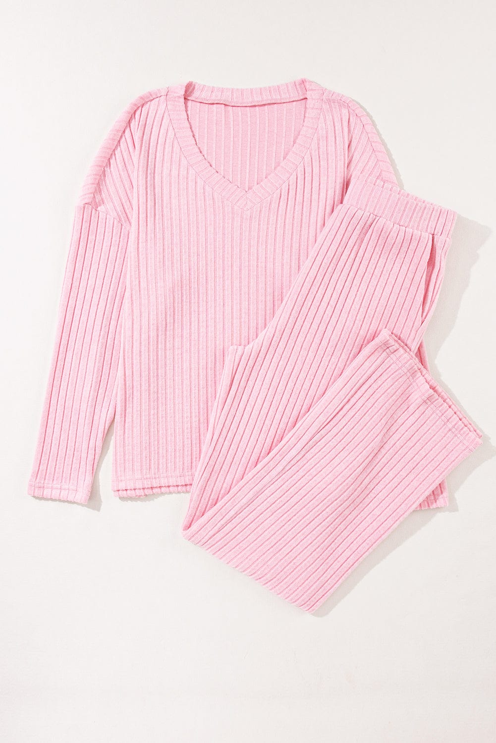 Shoppe EZR Loungewear & Sleepwear/Loungewear Light Pink Ribbed Knit V Neck Slouchy Two-piece Outfit