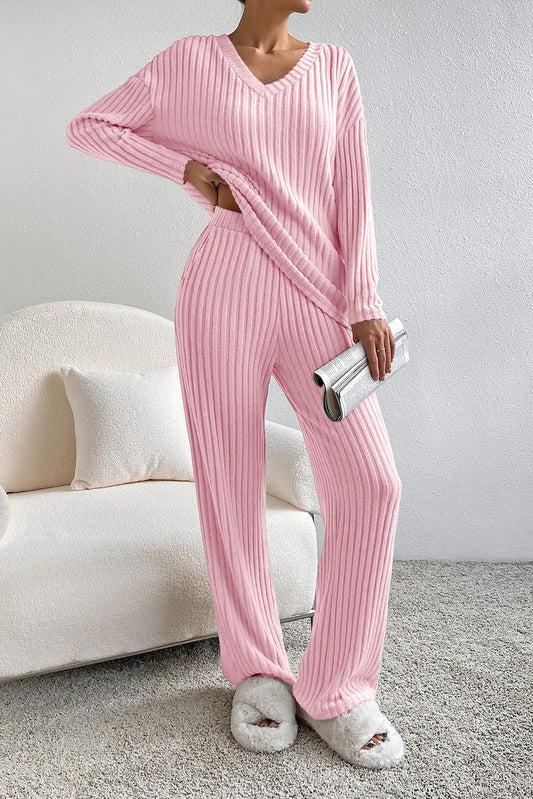 Shoppe EZR Loungewear & Sleepwear/Loungewear Light Pink / S / 85%Polyester+10%Viscose+5%Elastane Light Pink Ribbed Knit V Neck Slouchy Two-piece Outfit