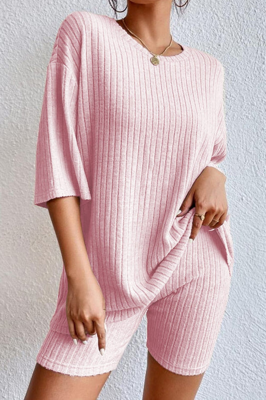 Shoppe EZR Loungewear & Sleepwear/Loungewear Pink / S / 85%Polyester+10%Viscose+5%Elastane Pink Plain Ribbed Loose Fit Two Piece Lounge Set