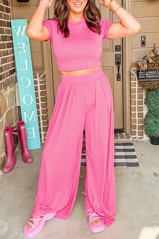 Shoppe EZR Loungewear Strawberry Pink / S / 65%Polyester+30%Viscose+5%Elastane Strawberry Pink Slim Fit Crop Top and Pleated Wide Leg Pants Set