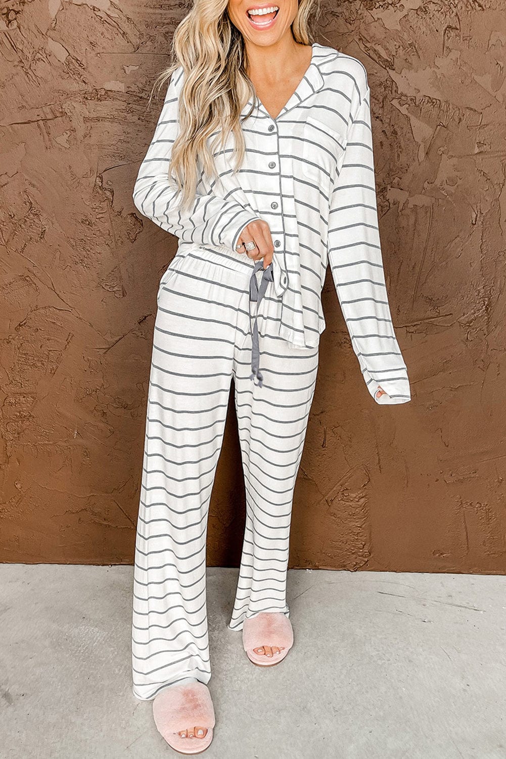 Shoppe EZR Loungewear Stripe / 2XL / 95%Polyester+5%Elastane Striped Print Long Sleeve and Pants Pajamas Set