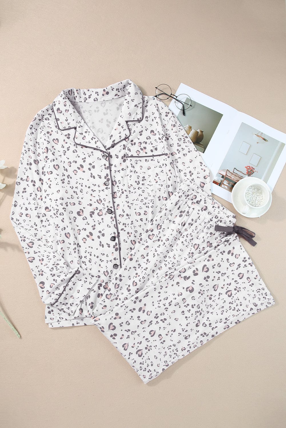 Shoppe EZR Loungewear White Leopard Print Long Sleeve and Pants Pajamas Set