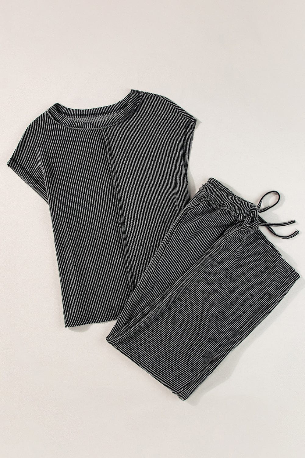 Shoppe EZR Two Piece Sets/Pant Sets Carbon Grey Exposed Seam Ribbed Tee and Pants Two-piece Outfit