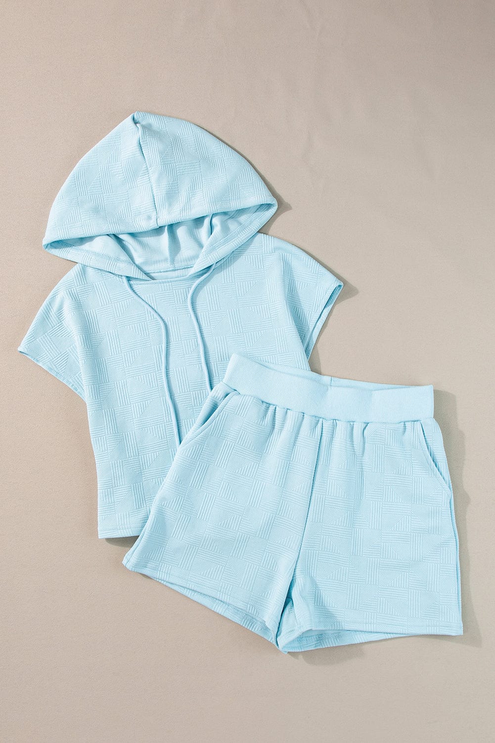 Shoppe EZR Two Piece Sets/Short Sets Beau Blue Textured Cropped Hoodie and Shorts Set