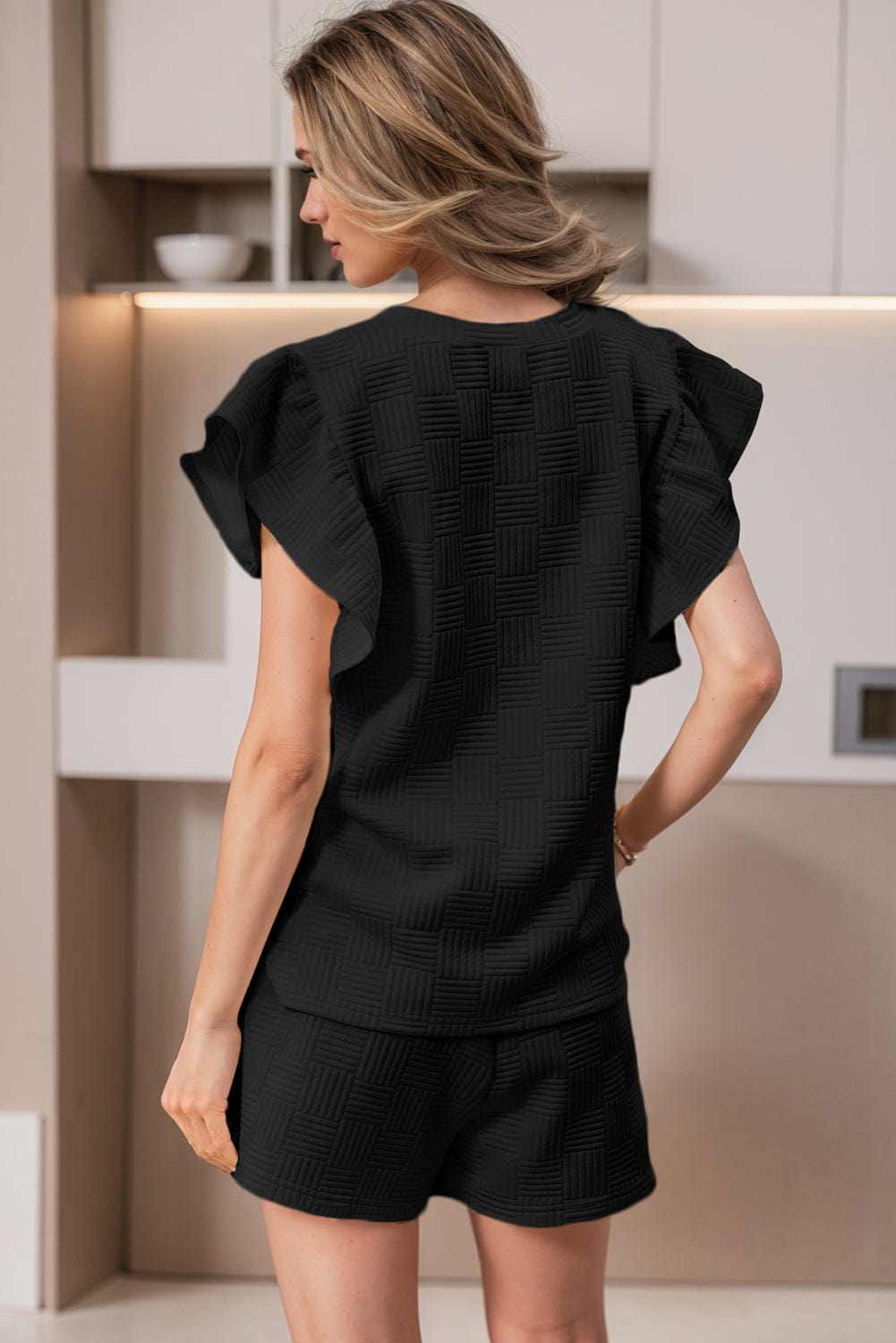 Shoppe EZR Two Piece Sets/Short Sets Black / S / 95%Polyester+5%Elastane Black Textured Ruffled Sleeve Tee and Drawstring Shorts Set