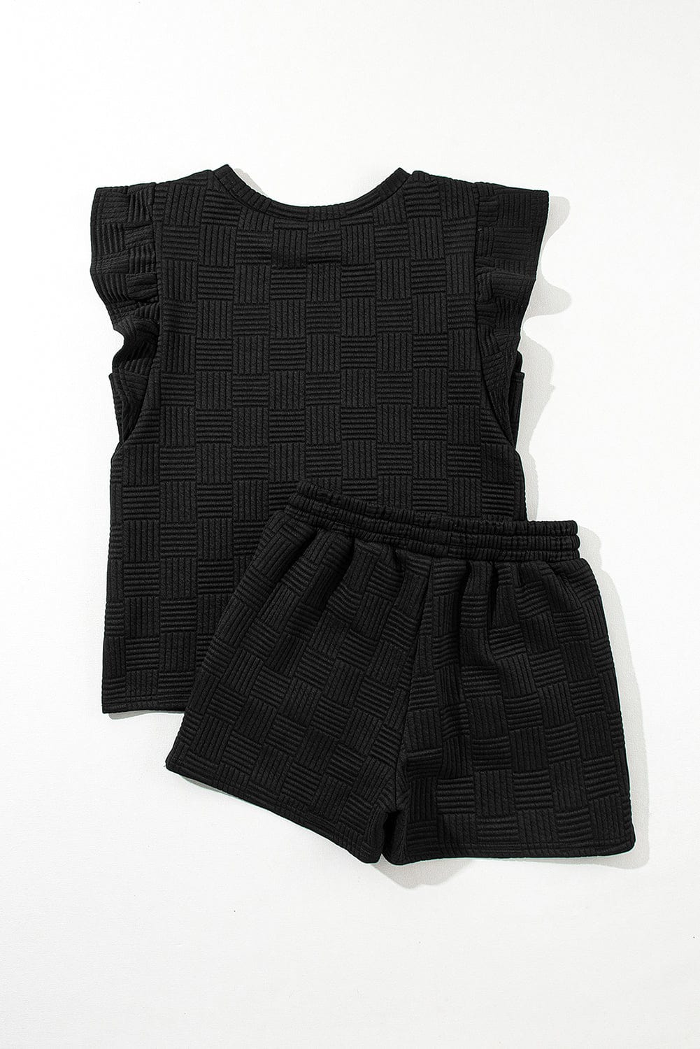 Shoppe EZR Two Piece Sets/Short Sets Black Textured Ruffled Sleeve Tee and Drawstring Shorts Set