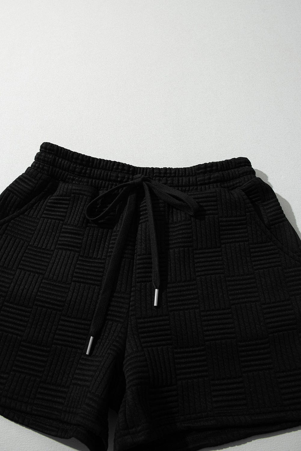 Shoppe EZR Two Piece Sets/Short Sets Black Textured Ruffled Sleeve Tee and Drawstring Shorts Set
