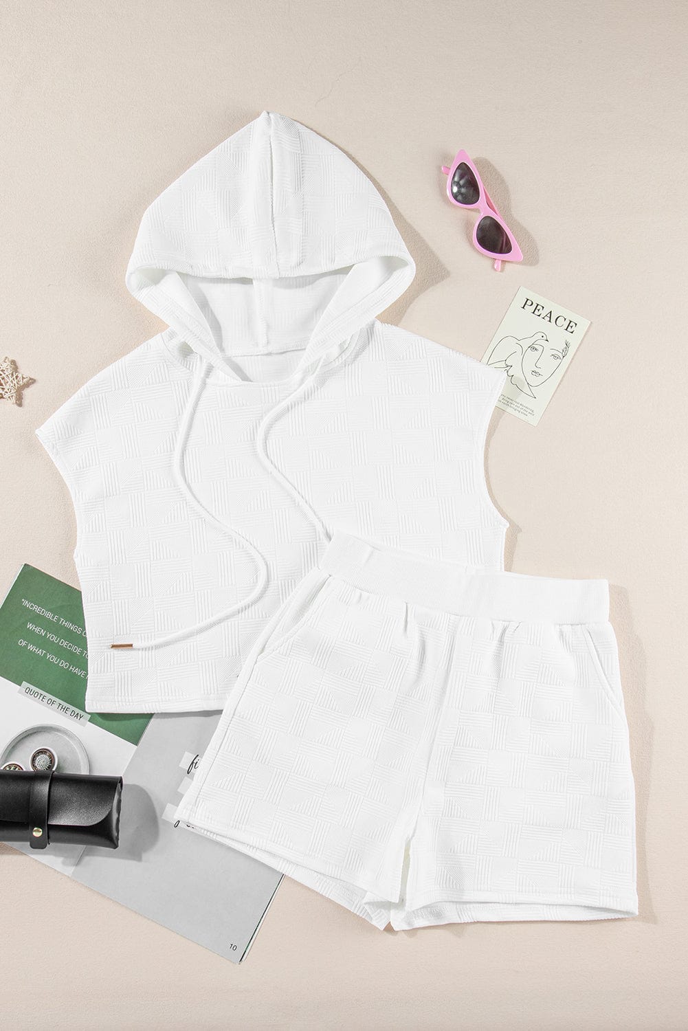 Shoppe EZR Two Piece Sets/Short Sets White Textured Cropped Hoodie and Shorts Set